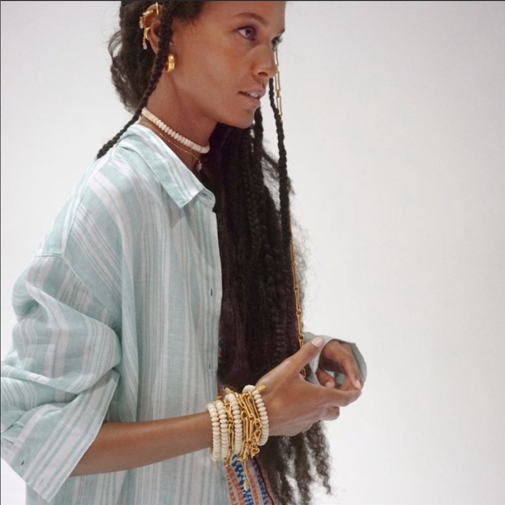 LEMLEM x H&M Linen Stripe Button Down Shirt M Oversized Light Teal